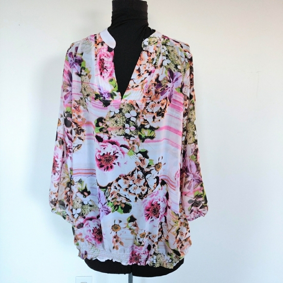 Ana Semi Sheer Spring Wire & Pink Floral Blouse 1X - Picture 1 of 4